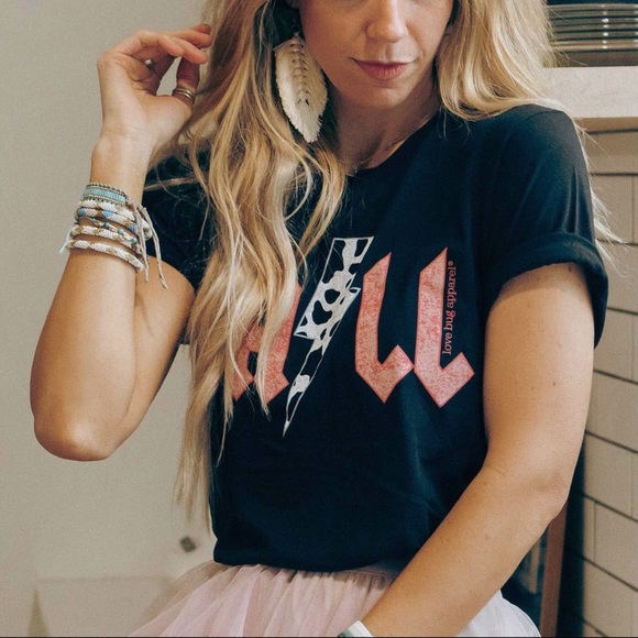 Y’all Cow Print Lightning Bolt Graphic Black T-Shirt - Picture 5 of 7